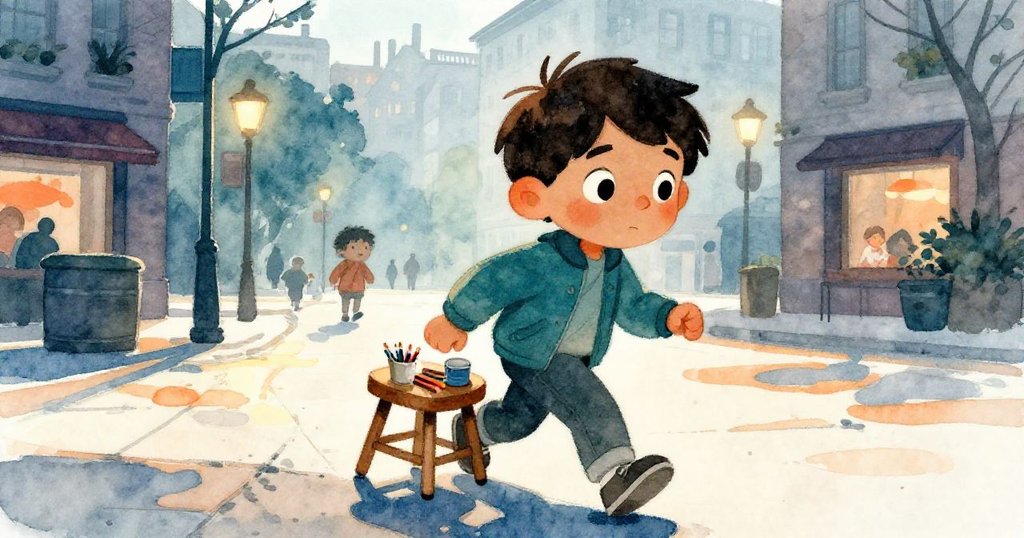 Lucas穿越黎明城市廣場，手抱木凳及筆筒，在柔和晨光中展現決心與期待，背景映有天際金光。