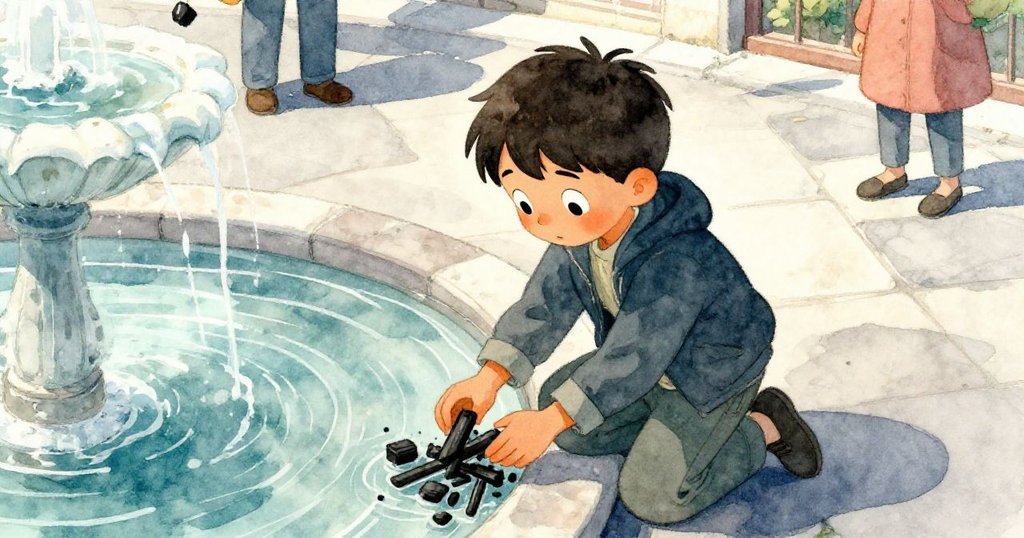 從高角度看見Lucas跪在噴泉邊，專注撿拾水中散落的炭筆，晨光灑下營造出細膩溫柔的城市氛圍。