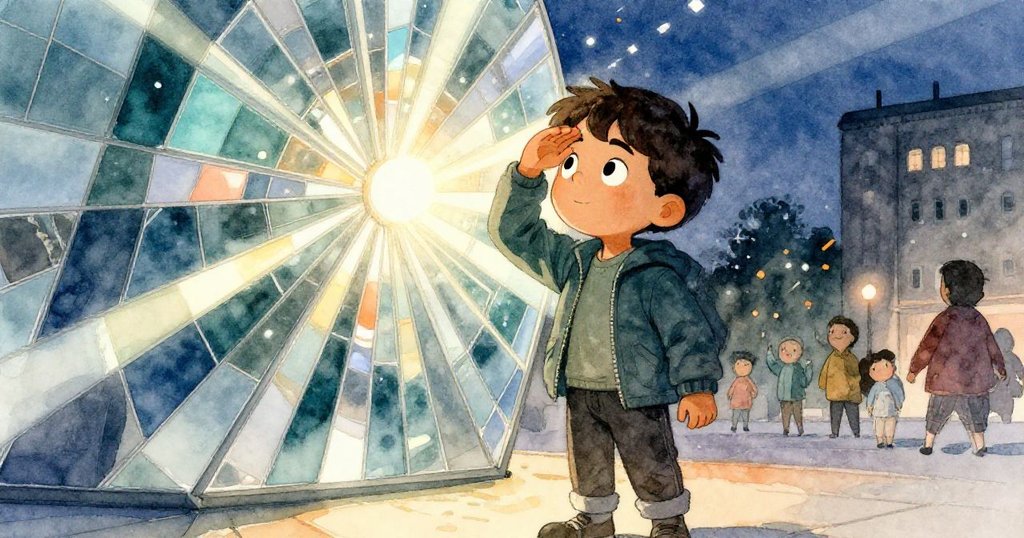 Lucas驚訝中急退，用前臂擋住眩目光芒，背景中鏡面雕塑旋轉反射光線，攤販與街景呈現緊湊緊張氛圍。