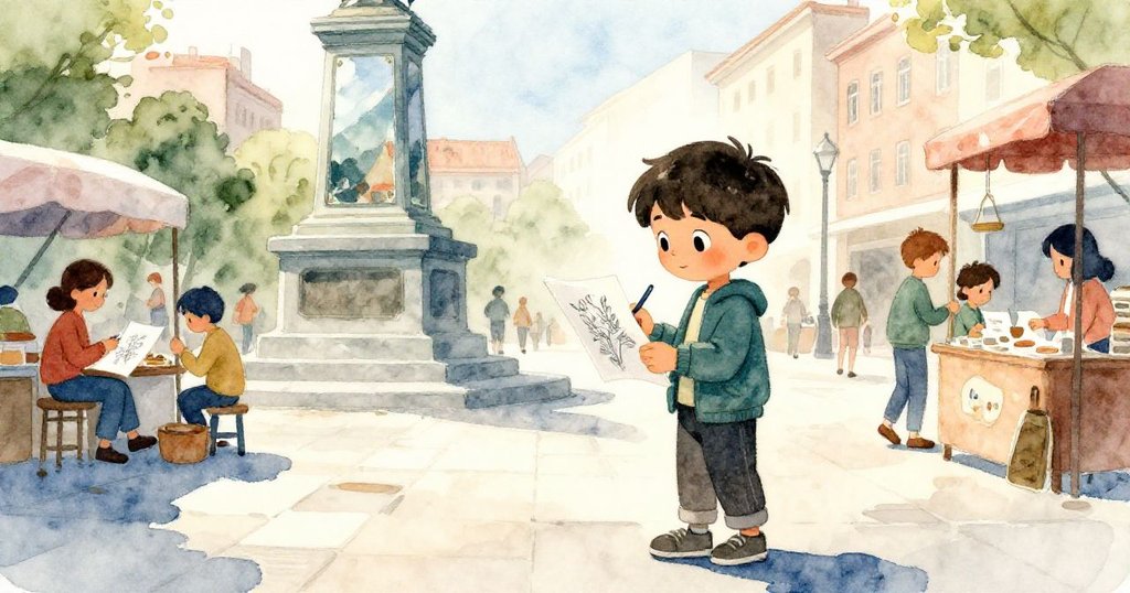 在明亮晨光中，Lucas站於廣場邊欣賞他完成的稿紙，背景中固定旋轉的鏡面雕塑與忙碌攤販營造出和諧安寧氣氛。