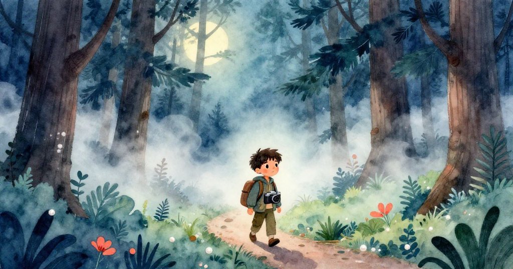 凱在迷霧瀰漫的杉樹森林中前行,背著相機袋,神情堅定,周圍有柔和月光與流動的霧氣,展現故事開端的神秘氛圍。