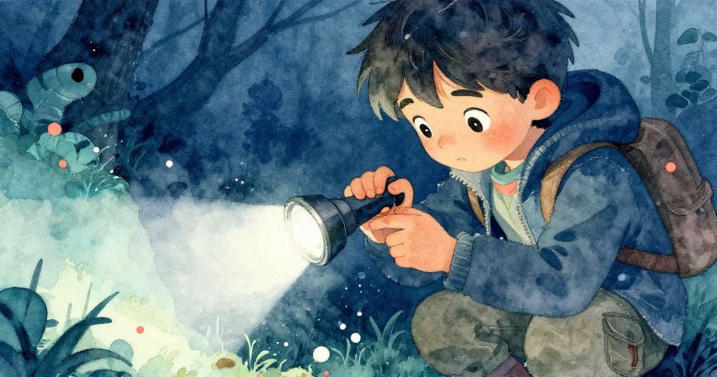 凱的小手專注地擦拭手電筒鏡頭上的水珠,微弱光線映出他的認真神情,背景暗示著森林陰影,展現故事發展中的細節。