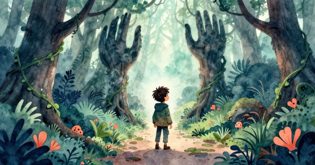 凱從背後望向森林中分岔的小徑,刺叢纏繞在衣袖與相機帶上,他眼中流露出謹慎與猶豫的神情,描繪出冒險中的抉擇瞬間。