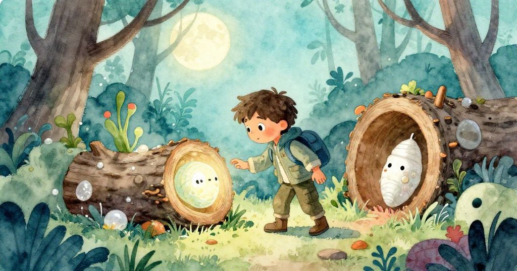 凱走進被月光輕灑的隱密林間空地,四周蕨類輕舞,一根斑駁原木中透出微脈動的蛹,展現出神秘季節新發現。