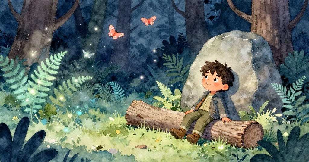 凱坐在古老石塊後面,臉上露出滿足微笑,看著蛾子優雅飛升於發光蕨類上方,背景中斑駁原木沐浴在柔和月光中,呈現結局平靜延續的情景。