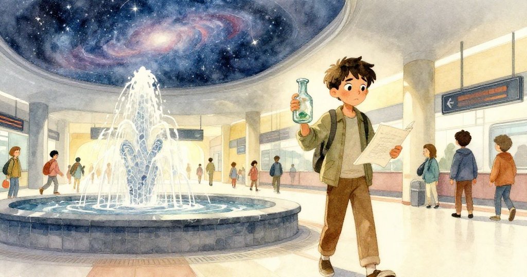 雷走進中央大廳,背景是旋渦般的馬賽克噴泉與LED星雲天花板,人物表情堅定,晨光交織出戲劇性對比。