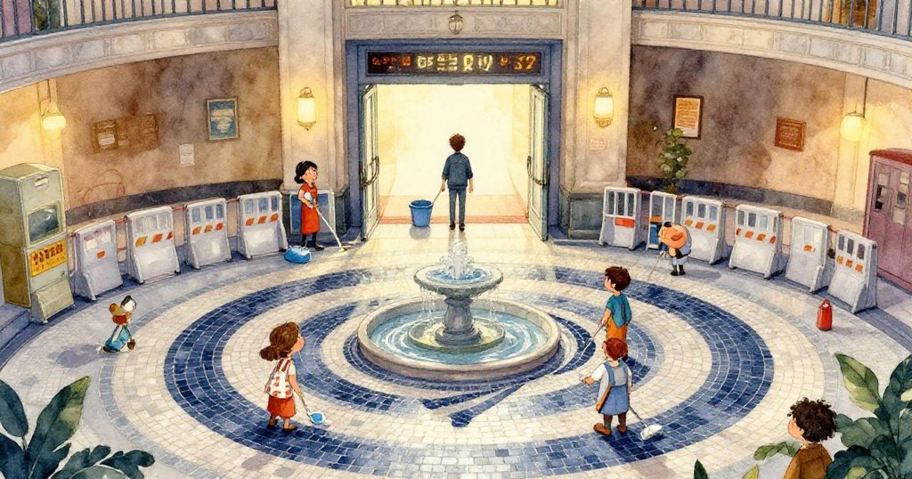 雷手中輕握著小玻璃瓶與摺疊紙張,背景展示細膩海軍與銀色馬賽克紋理,物件細節豐富,充滿期待。