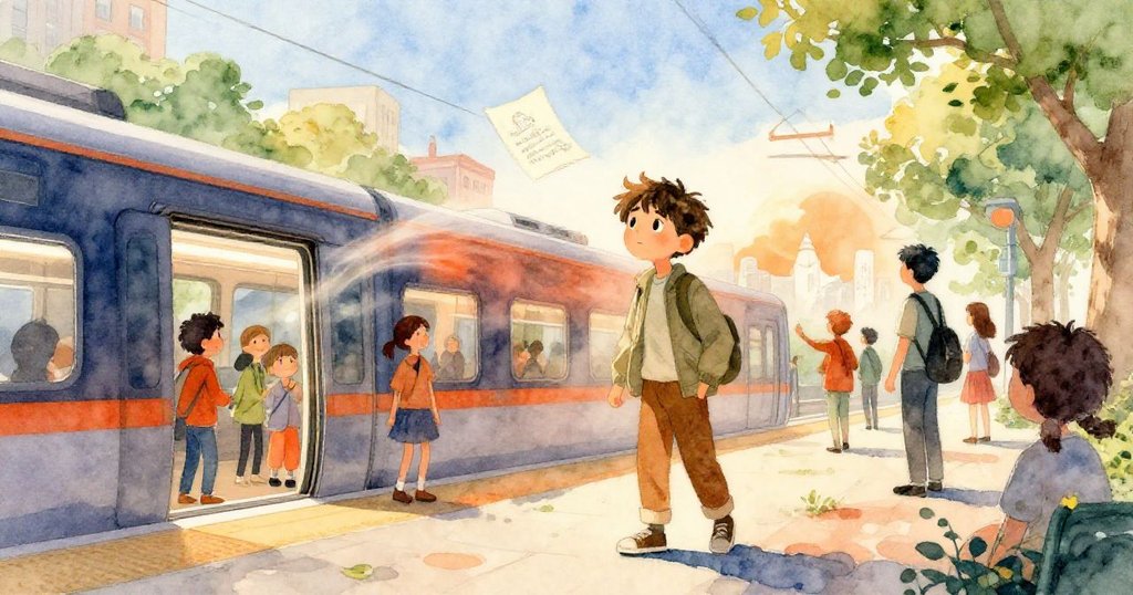 雷站在月台旁,溫暖的風使紙張隨風飛舞,周圍行人互動自然,夕光與藍天交織出都市魔幻氛圍。