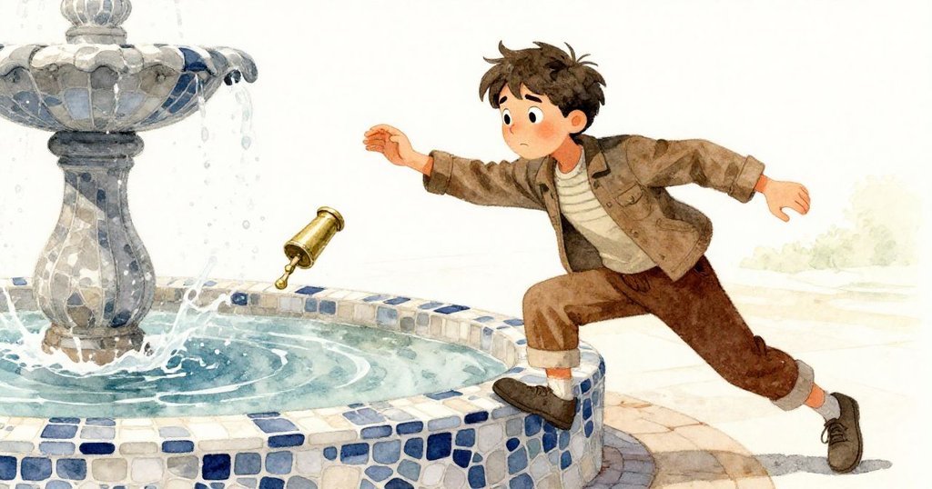 雷急速向前伸手救接滑落的黃銅墊片,馬賽克噴泉邊濺起水花,充滿緊張與決心的瞬間。