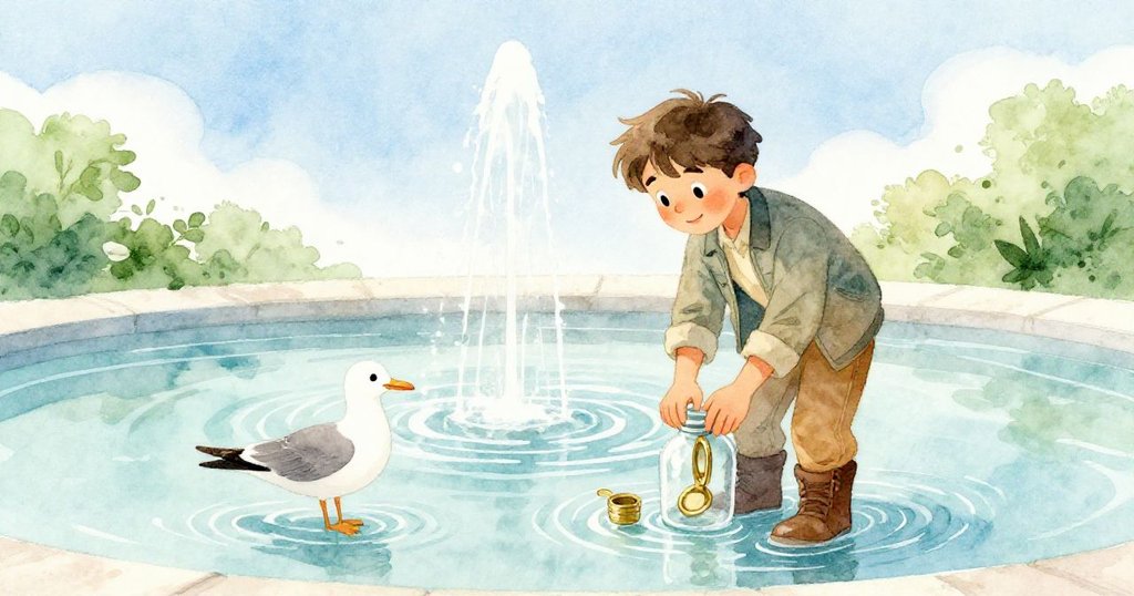 雷帶著微笑站在平靜噴泉旁,小黃銅墊片安放於靴邊,青銅海鷗靜守,晨光溫柔瀰漫,場景寧靜美好。