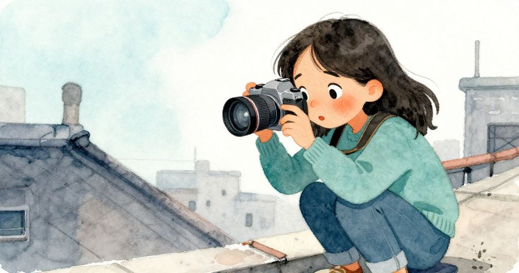 基拉蹲坐在屋頂上，專注調整相機焦距，臉上展現驚喜與堅定表情，夜色朦朧中充滿期待。