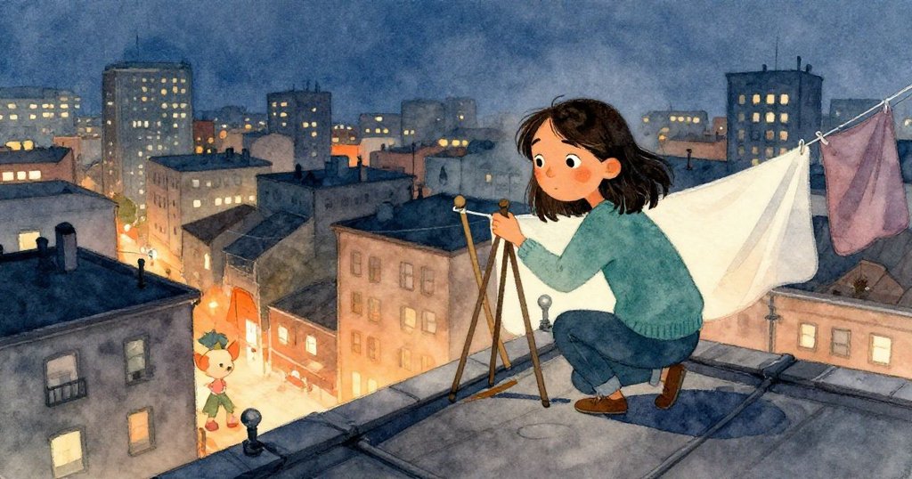 從高處俯視基拉蹲坐於破碎屋頂，風拉動晾衣繩，背景城市遼闊，流露出探索時的脆弱與堅定內心。