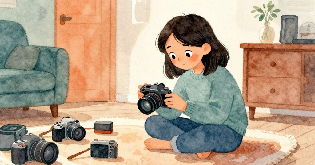 在溫馨的室內，基拉仔細觀察相機預覽螢幕，清理鏡頭，周圍散落著攝影裝備，流露出滿足且專注情緒。