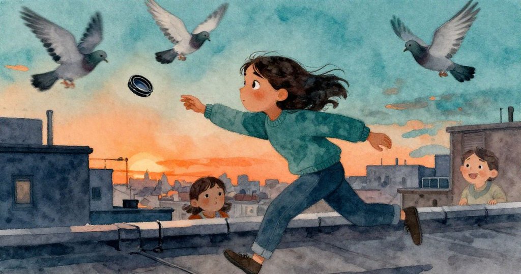 基拉在屋頂上急追掉落之鏡頭蓋，驚飛的鴿子四散而起，場面充滿緊張與生動活力。