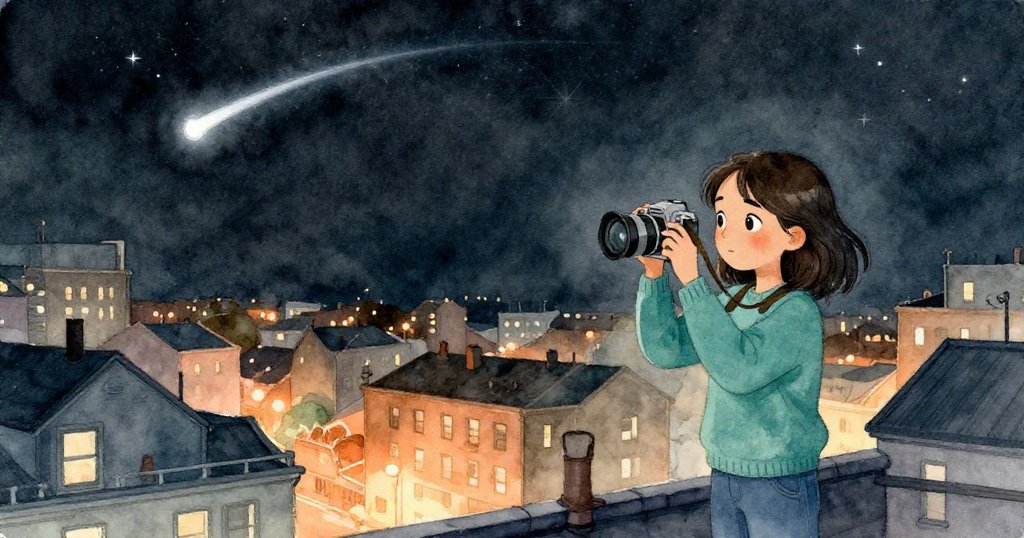 最終夜空下，基拉穩定調整相機，屋頂上彗星銀弧與星座清晰呈現，都市燈光中流露出寧靜與滿足之情。