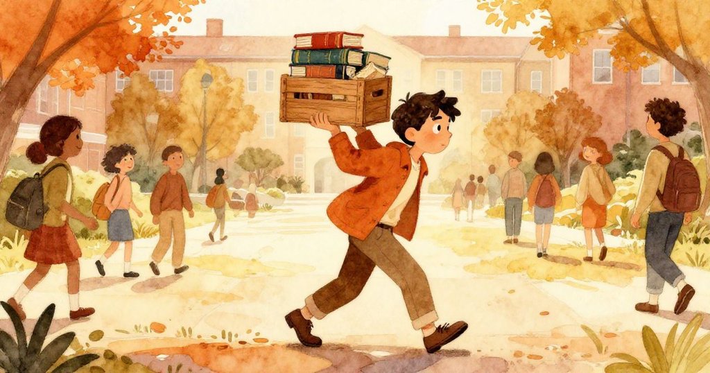 路易斯跨越校園庭院,背著裝滿字典與地圖冊的木箱,臉上充滿決心,展開冒險序章,環境熱鬧明亮。