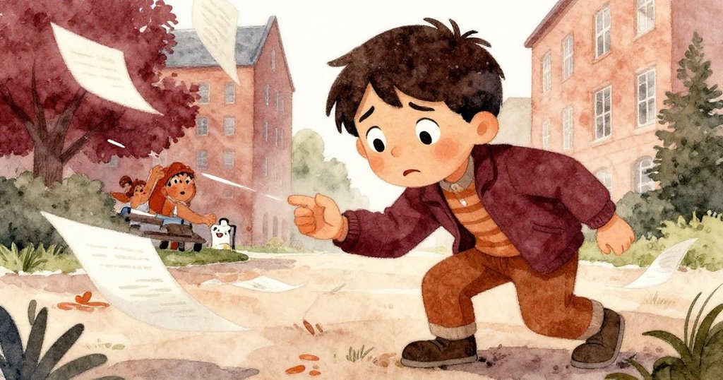 路易斯焦急俯身撿拾滑落的小書,臉上神情專注,背景隱約呈現書籍飛散與冒險發展。