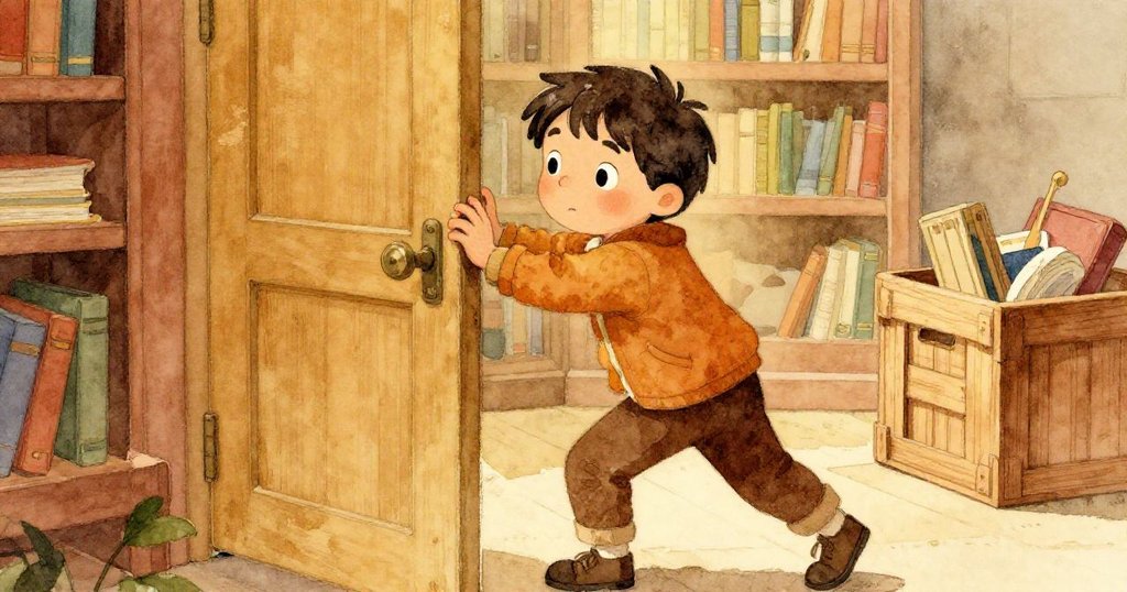 路易斯用肩膀撥開半掩門板,木箱艱難跨過門檻,呈現從校園走向圖書館的過渡關鍵時刻。