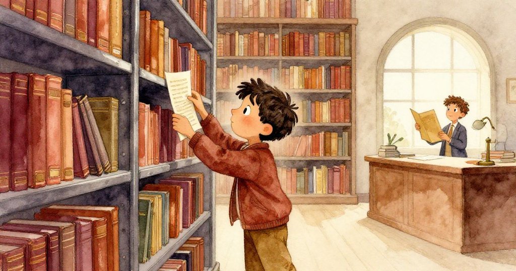 路易斯在圖書館內忙著整理書架,旁邊檔案管理員小心取下隱秘筆記本,氛圍緊張遞進達到解決前高潮。