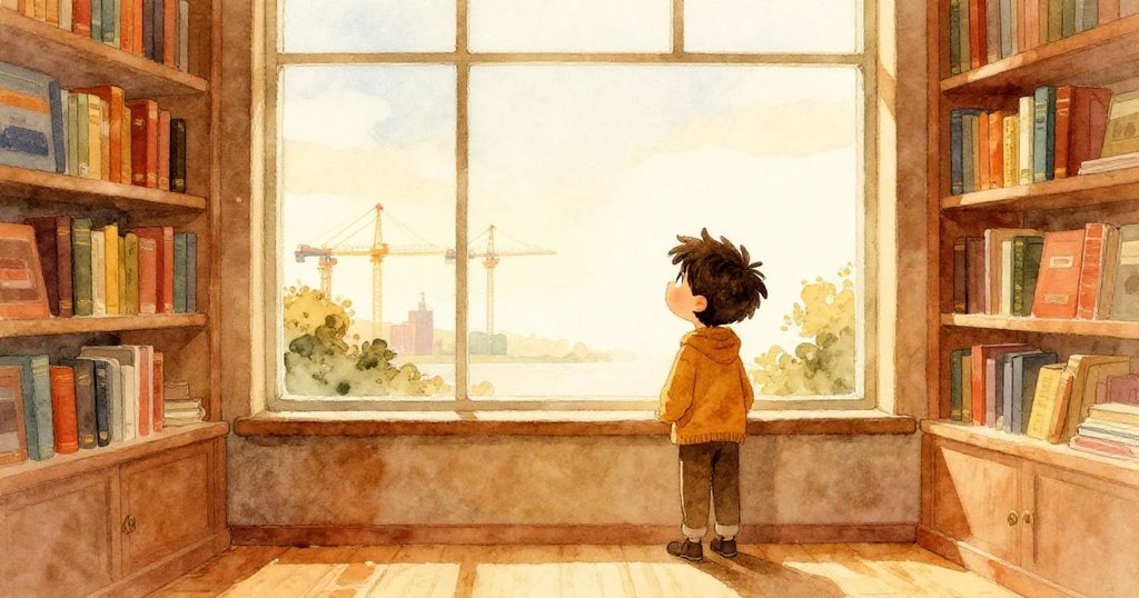 路易斯站在窗邊凝望河外起重機與蒼白天空,內心沉思余韻悠長,結尾留白激起無限遐想。