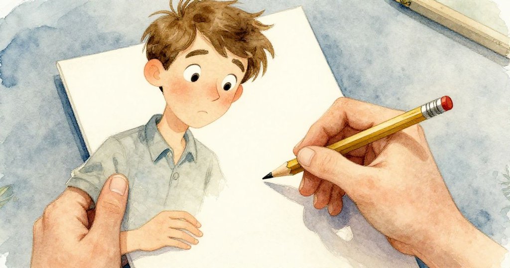 邁爾斯仔細檢視銳化鉛筆與光滑素描紙，手握鉛筆象徵創作信念，神情充滿期待與專注。