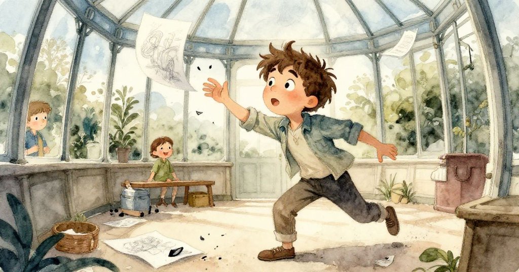 邁爾斯在微風中急忙抓取翻飛的紙張，鉛筆碎末滾動，畫面呈現扭曲動感與慌張情緒。