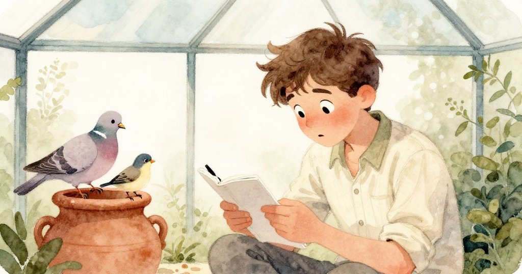 邁爾斯用膝蓋夾緊素描本，鴿子與雀鳥優雅棲在陶罐上，玻璃屋頂下宛如水中夢幻，充滿柔美光影。