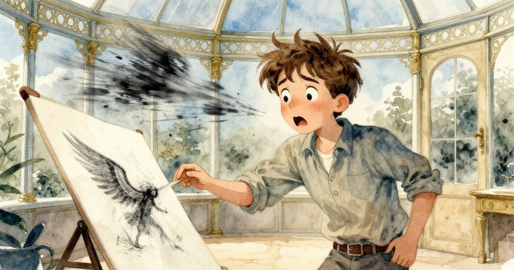 邁爾斯驚慌中看著炭粉隨風飛舞，在紙上形成似鳥翼的陰影，動作急促，環境光影錯落。