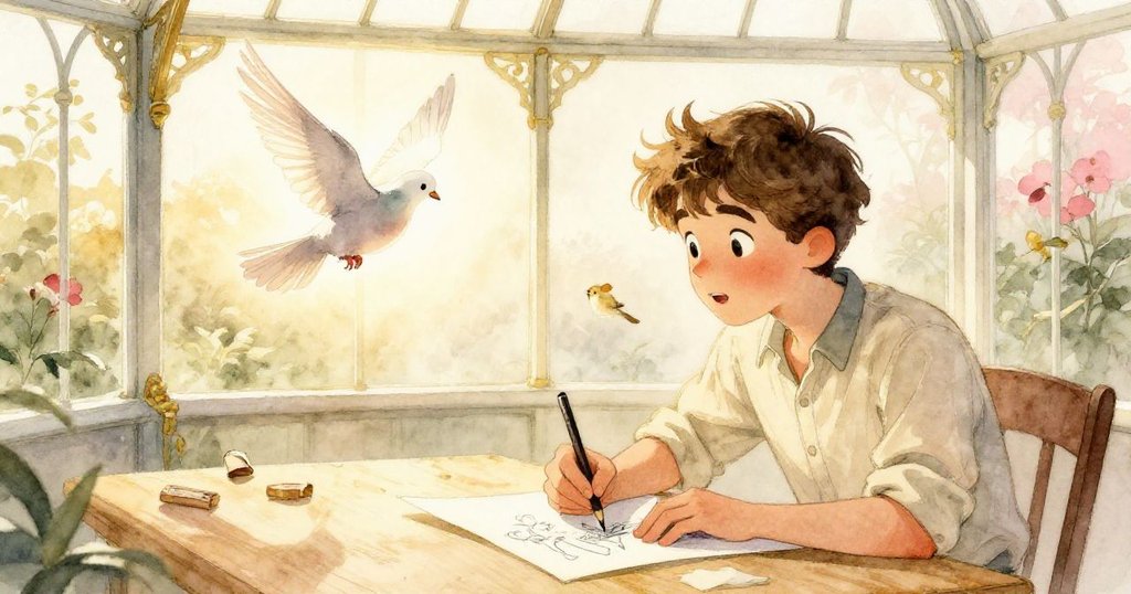 邁爾斯靜靜看著鴿子與雀鳥起飛，畫面上留下發光雙影，溫暖光線中充滿平靜期待與未完續篇感。