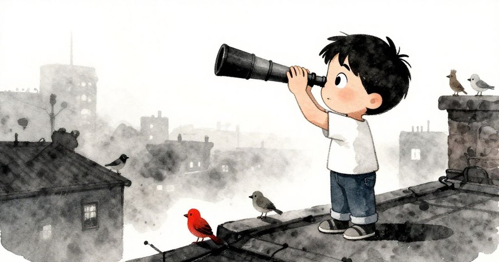 Milo站在寬闊屋頂上調整望遠鏡,與小鳥互動,晨光初露,充滿期待與好奇,背景展示鄰近房舍輪廓。
