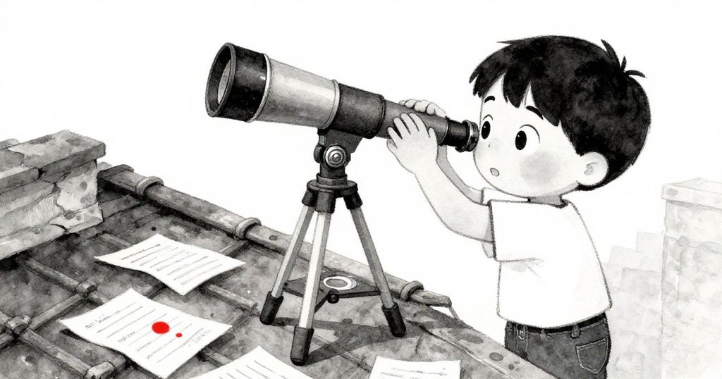 Milo蹲於屋頂仔細檢查自製望遠鏡與回收零件,旁邊有散落筆記,晨光映照出時間痕跡,神情專注。