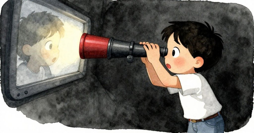 Milo從屋頂邊緣透過望遠鏡窺視晨曦,臉上流露驚奇與好奇,螢幕上映出神秘光影,氛圍夢幻。