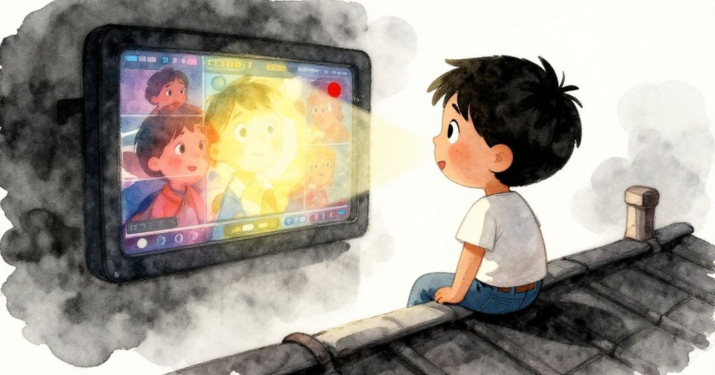 Milo在柔暖記憶色調中回顧螢幕畫面,屋頂晨光與模糊回憶交融,神情中體現溫柔與新發現。