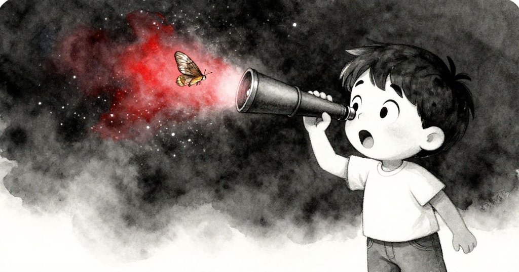 Milo驚喜地看著飛蛾靠近望遠鏡,塵埃隨之飄散出絢麗光影,屋頂晨光與科技美感交融。