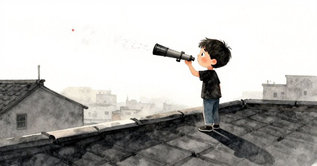 Milo滿足地站在靜謐屋頂上,望遠鏡旁留有飛蛾痕跡,晨光普照,展現探索後的安寧與完成感。