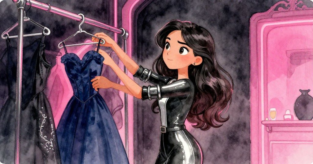 從低角度看見Mirna專注挑選深藍禮服，眼中堅定，背景以霓虹粉與深黑渲染出充滿活力的氛圍。