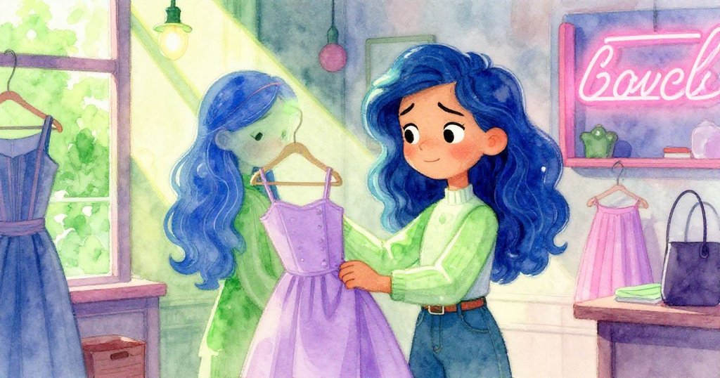 Mirna在柔和光影中仔細檢視淡紫裙裝，陽光與霓虹交織，她的眼神流露出挫折和靈感。