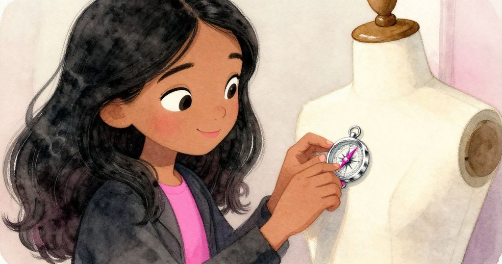 Mirna專注地把銀色指南針胸針釘在展示模特上，衣料頓時整齊，她臉上閃爍著驚喜與頓悟。