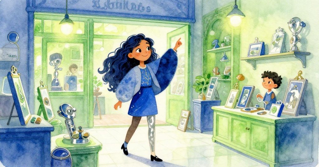 Mirna滿意地離開展示區，邁向店門，臉上帶著溫柔微笑，背景充滿霓虹與動感，預示精彩續篇。