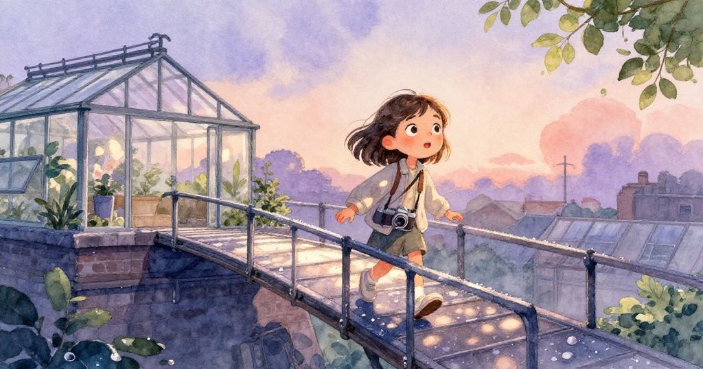 哈珀步入屋頂溫室,沿著沾露的彎曲金屬橋前進,神情興奮迎接破曉,天色未明且神秘氣氛濃厚。