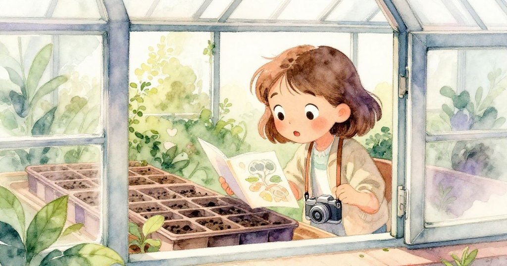 哈珀透過微開的溫室門注視整齊排列的種子盤和筆記本,眼神充滿好奇與驚奇,室內景致細膩生動。
