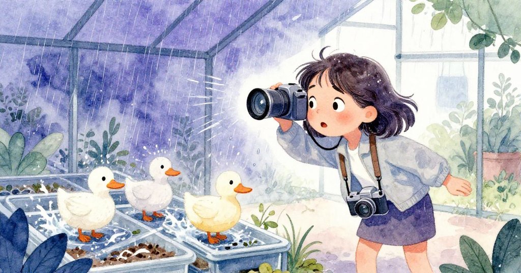 哈珀在溫室內迅速蹲下,用夾克保護相機,面對突如其來的雨水拍打托盤,動作急促且充滿關懷。