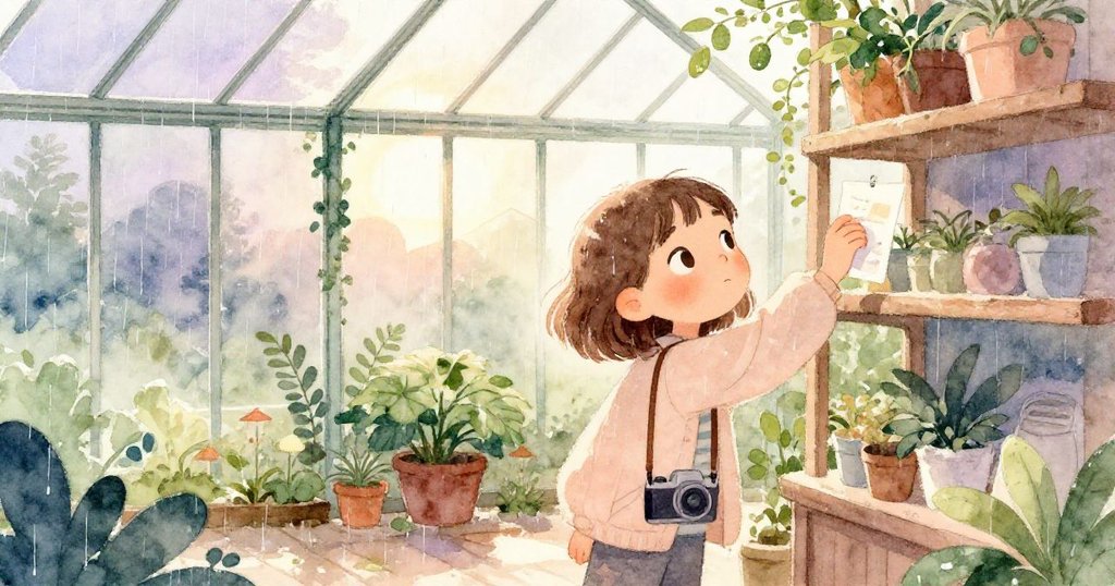 雨後哈珀小心將濕透的筆記本置於高架上,靜靜欣賞溫室內柔和日光灑落,神情平和且充滿寧靜之美。