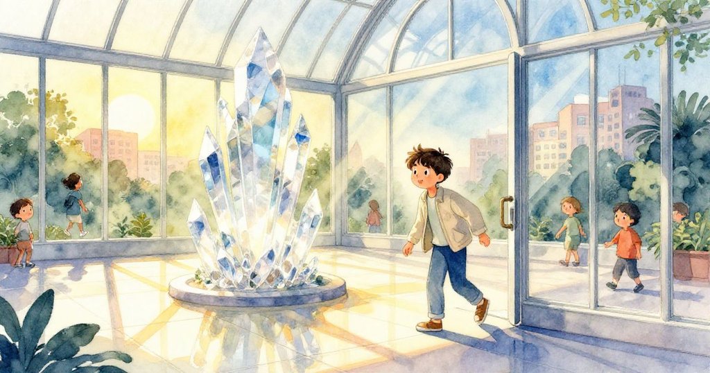 Julian 朝著透明水晶雕塑前進，晨光在玻璃屋頂灑下，溫室充滿柔和光影，他充滿期待與好奇。