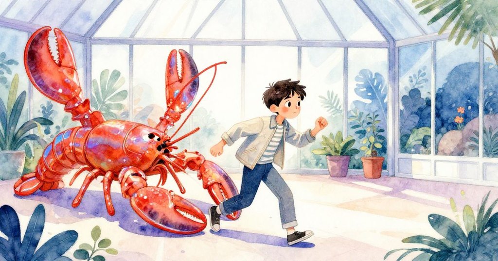 Julian 面對阻擋通道的大龍蝦雕塑，一邊蹣跚穿過，一邊欣賞周圍艷麗光影，充滿緊張與決心。