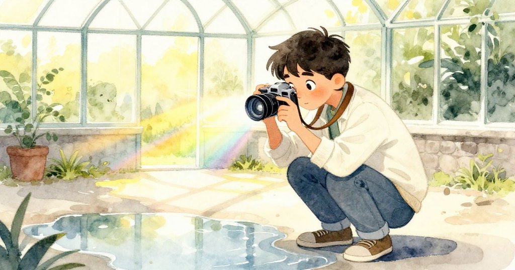 Julian 靜下心來設定相機於水面之上，注視著映照出的奇幻色彩，選擇最佳拍攝角度，充滿沉思。