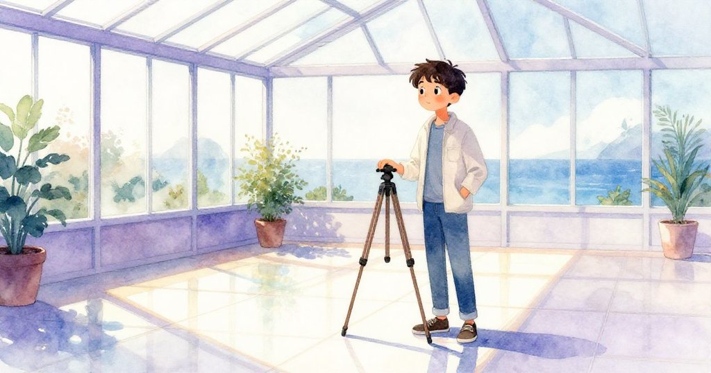 Julian 珍藏成功拍攝的瞬間，溫室恢復靜謐，虹彩投射於瓷磚上，表現出滿足與安定。