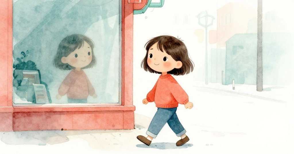 米拉步行經過商店窗戶,透過玻璃看到自己堅定與好奇的神情,都市晨光映照出溫暖氛圍。