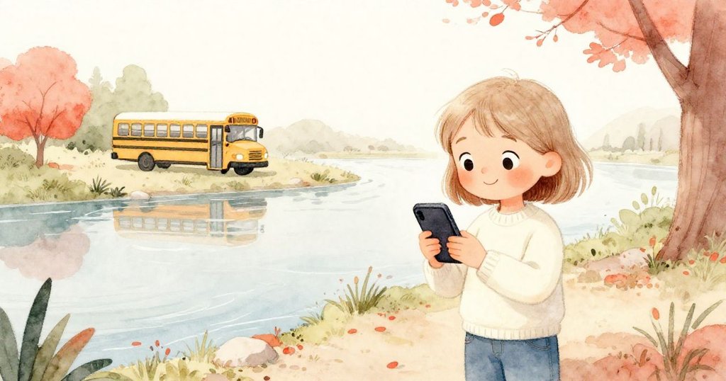 米拉站在河堤邊觀察流逝的時光,手機時鐘提醒著時間,遠處校車逐漸接近。