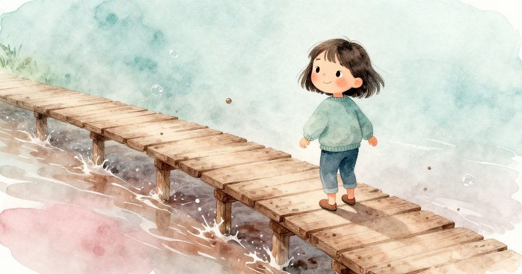 米拉踏上顫動木橋,臉上驚訝且專注,木板晃動中泥水濺起小泡,充滿動感與挑戰。